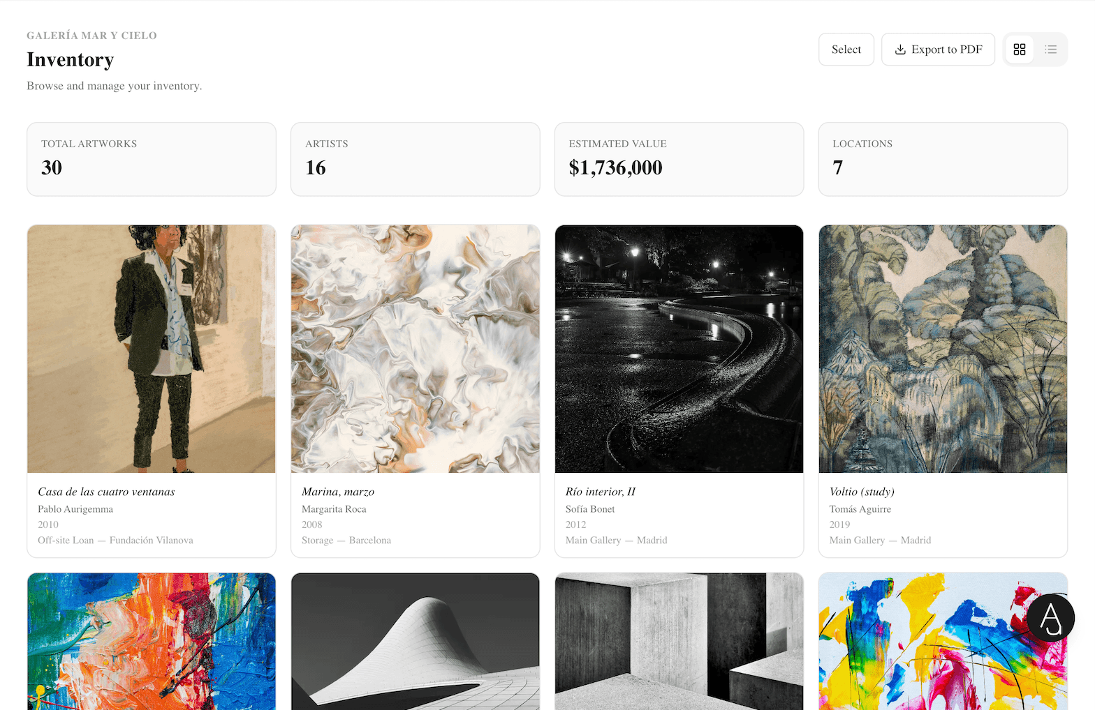 Artqiv inventory grid view