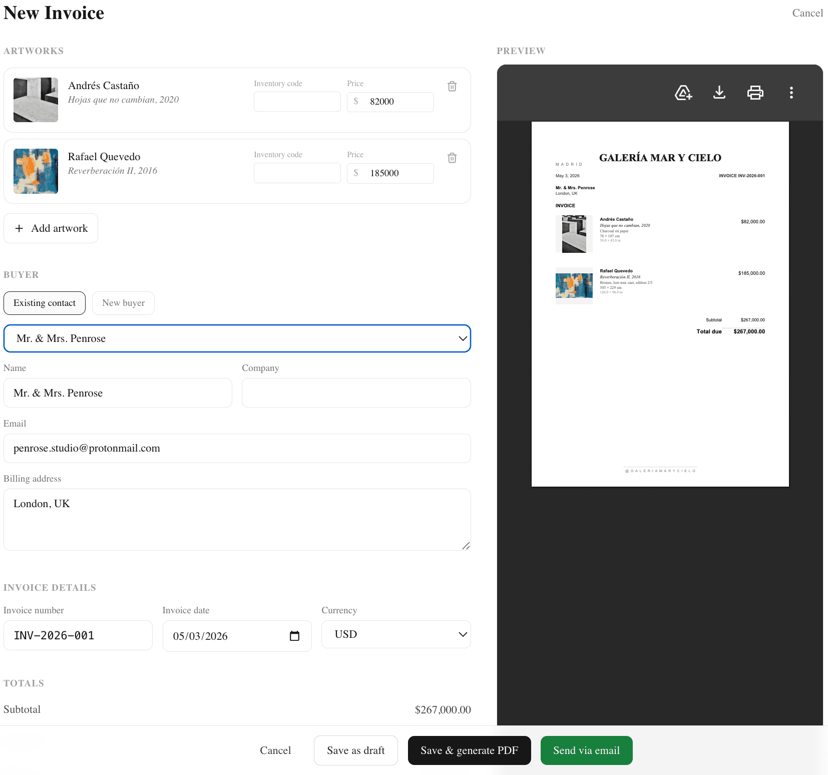 Invoice generation interface
